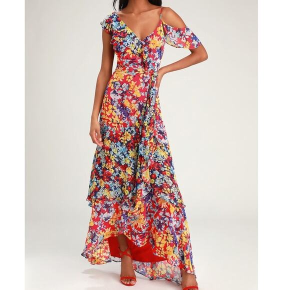 Lulus NWOT Radiant Ruby Red Floral Print Chiffon Asymmetrical Maxi Dress Small - Picture 1 of 11